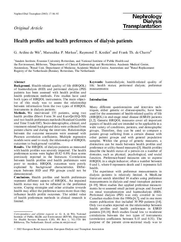 (PDF) Health profiles and health preferences of dialysis patients