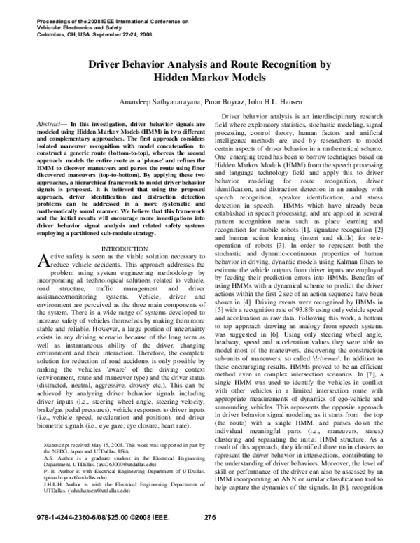 (PDF) Driver behavior analysis and route recognition by Hidden Markov ...