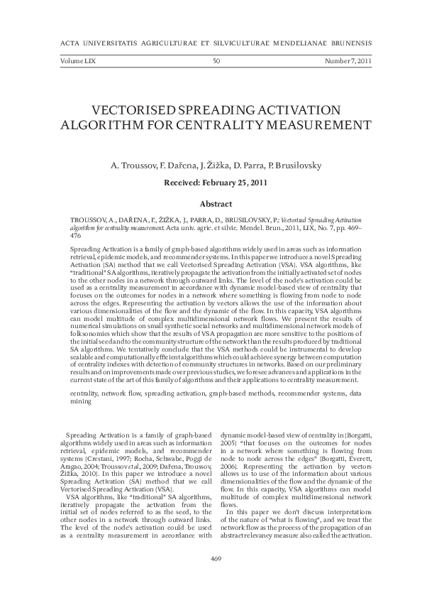 (PDF) Vectorised Spreading Activation algorithm for centrality measurement
