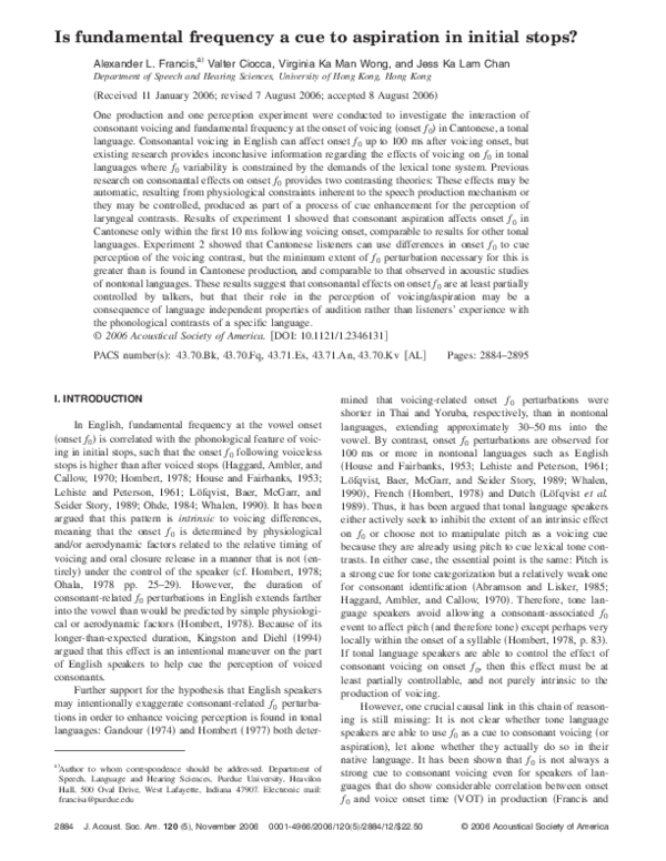 (PDF) Is fundamental frequency a cue to aspiration in initial stops?