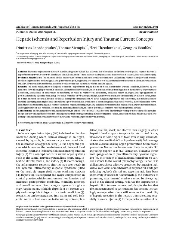 (PDF) Hepatic Ischemia and Reperfusion Injury and Trauma: Current Concepts