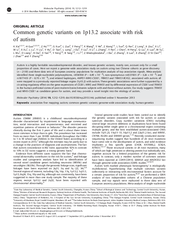 (PDF) Common genetic variants on 1p13.2 associate with risk of autism
