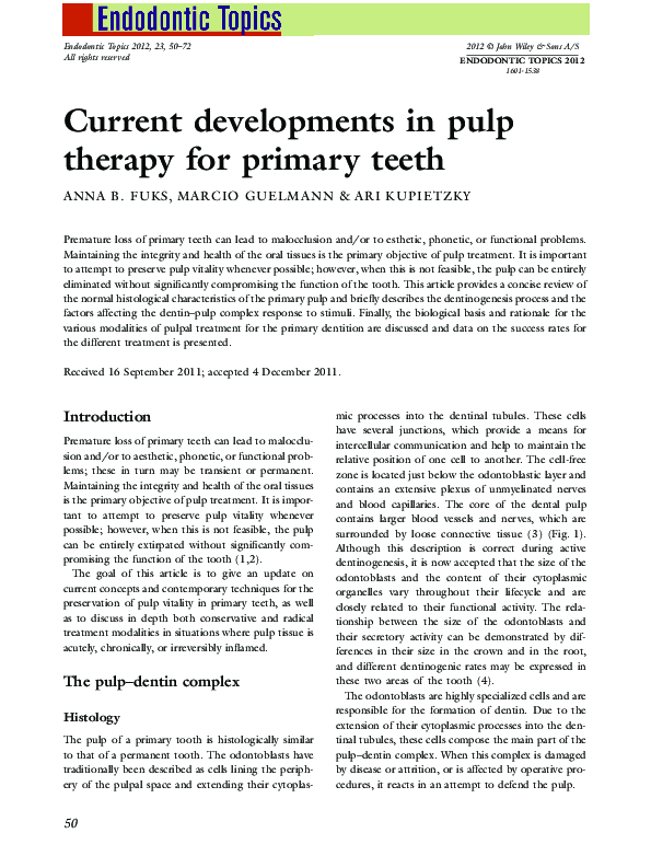 (PDF) Current developments in pulp therapy for primary teeth