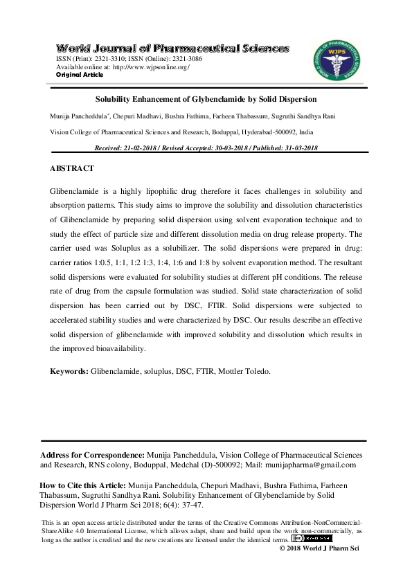 (PDF) Solubility Enhancement of Glybenclamide by Solid Dispersion