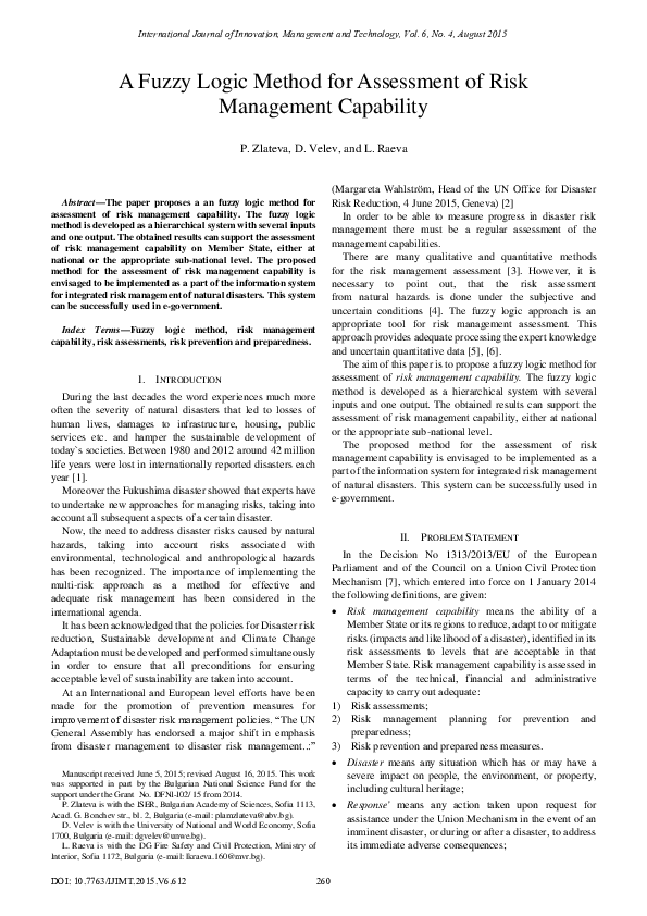 (PDF) A Fuzzy Logic Method for Assessment of Risk Management Capability