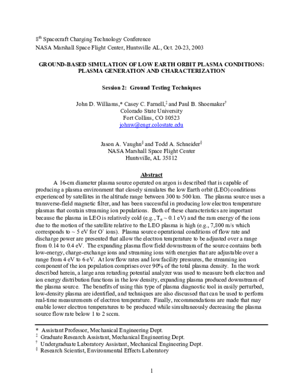 (PDF) Ground-Based Simulation of Low-Earth Orbit Plasma Conditions ...