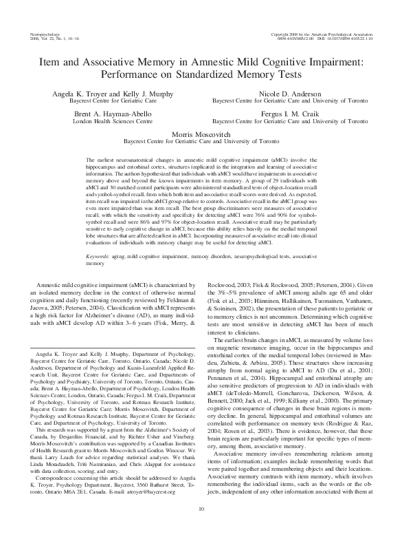 (PDF) Item and associative memory in amnestic mild cognitive impairment ...