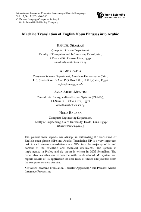 (PDF) Machine Translation of English Noun Phrases into Arabic