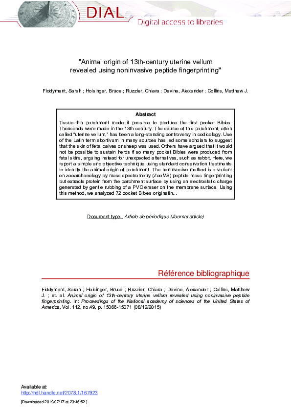 (PDF) Animal origin of 13thcentury uterine vellum revealed using