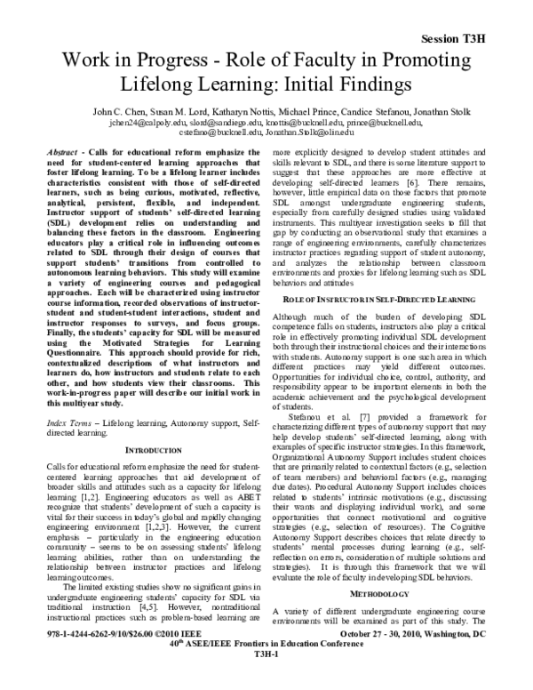 (PDF) Work in progress - role of faculty in promoting lifelong learning