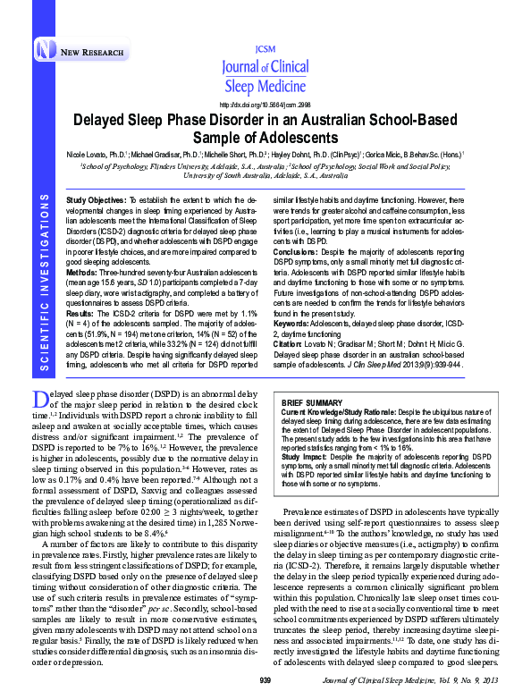 (PDF) Delayed Sleep Phase Disorder in an Australian School-Based Sample ...