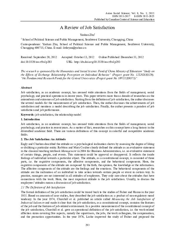 (PDF) A Review of Job Satisfaction
