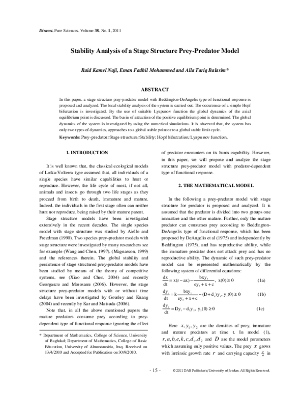 (PDF) Stability Analysis of a Stage Structure Prey-Predator Model ...