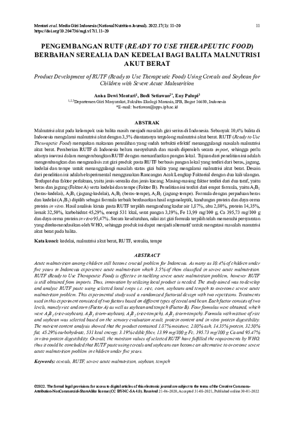 (PDF) Pengembangan RUTF (Ready to Use Therapeutic Food) Berbahan ...