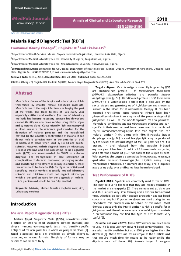 (PDF) Malaria Rapid Diagnostic Test (RDTs)
