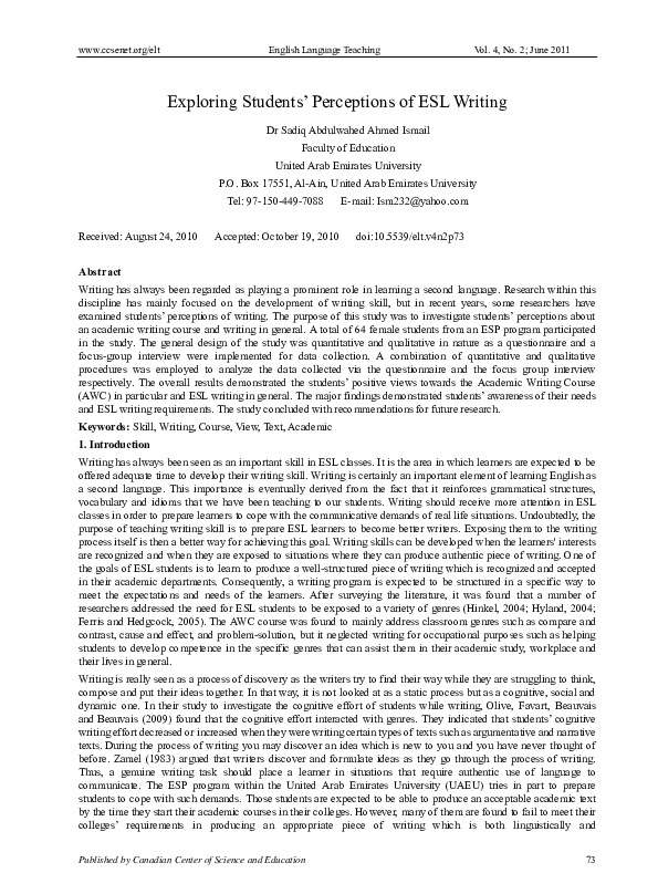 (PDF) Exploring Students’ Perceptions of ESL Writing
