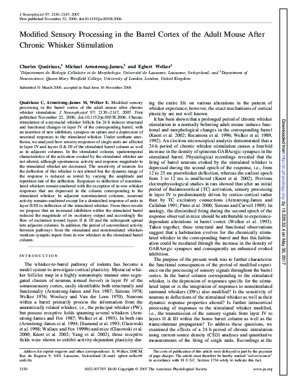 (PDF) Modified Sensory Processing in the Barrel Cortex of the Adult ...