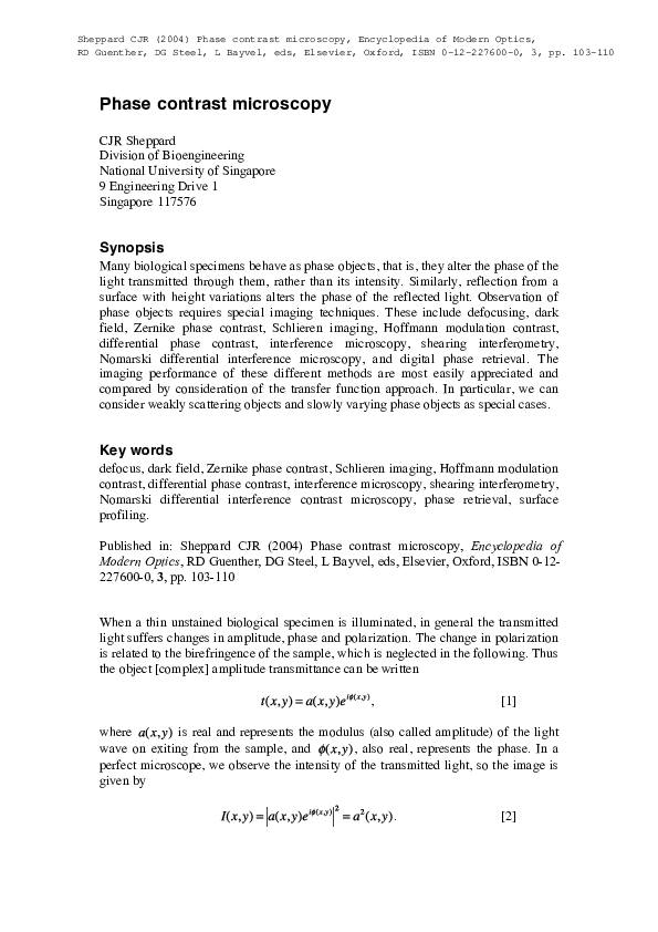 (PDF) Phase contrast microscopy