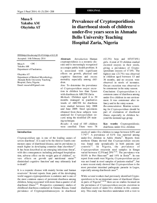(PDF) Prevalence of Cryptosporidiosis in diarrhoeal stools of children ...