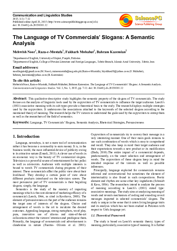 (PDF) The Language of TV Commercialss Slogans: A Semantic Analysis
