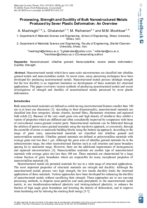 (PDF) Processing, strength and ductility of bulk nanostructured metals ...