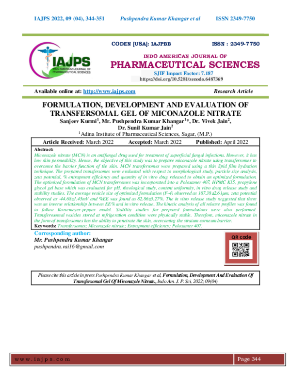 (PDF) FORMULATION, DEVELOPMENT AND EVALUATION OF TRANSFERSOMAL GEL OF ...