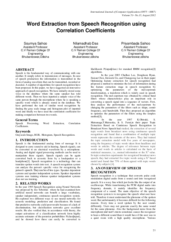(PDF) Word Extraction from Speech Recognition using Correlation ...