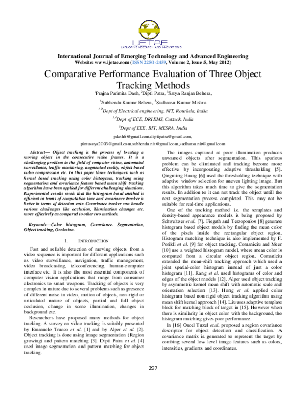 (PDF) Comparative Performance Evaluation of Three Object Tracking Methods