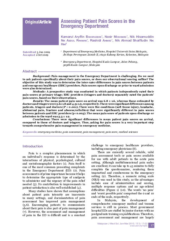(PDF) Assessing patient pain scores in the emergency department