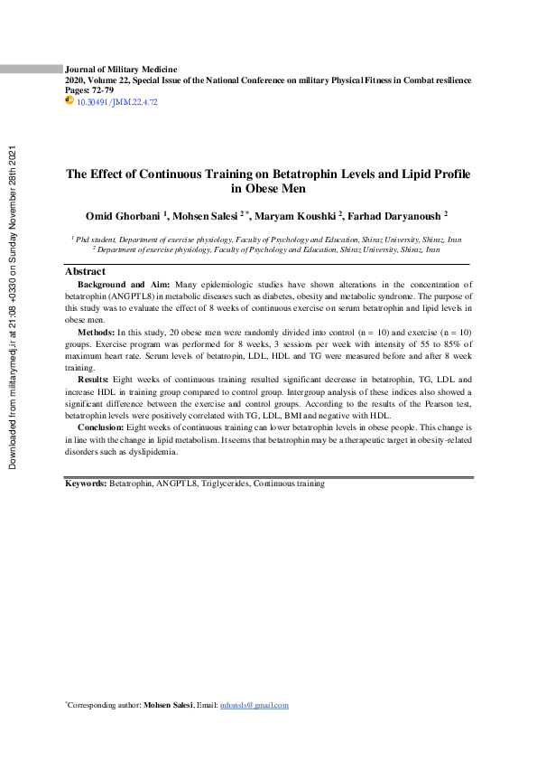 (PDF) The Effect of Continuous Training on Betatrophin Levels and Lipid ...