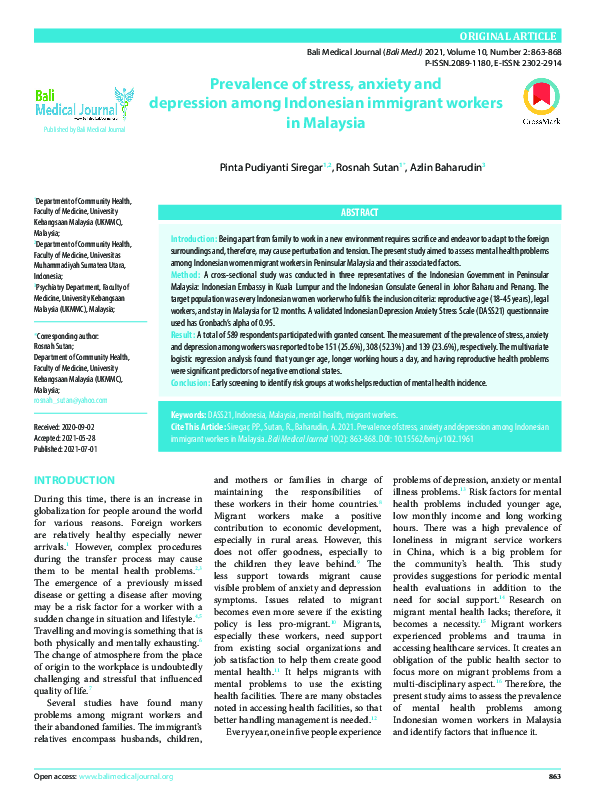 (PDF) Prevalence of stress, anxiety and depression among Indonesian ...