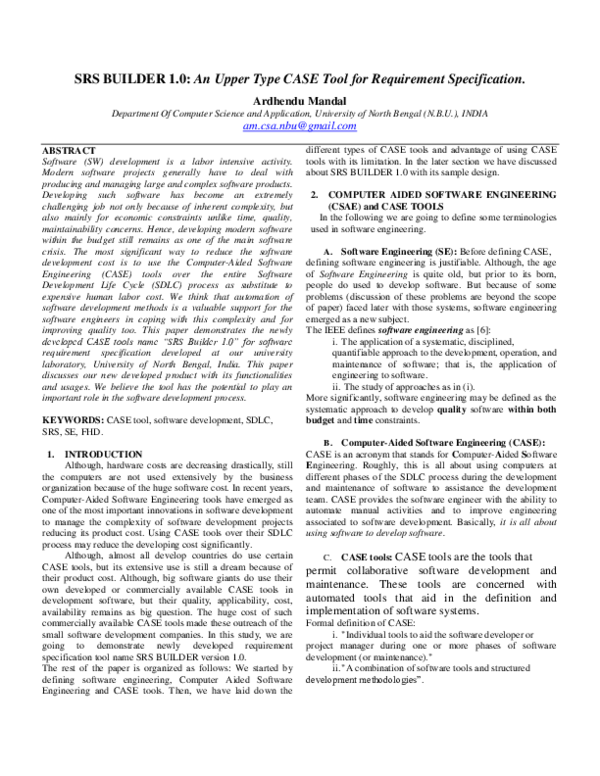 (PDF) SRS BUILDER 1.0: An Upper Type CASE Tool For Requirement ...
