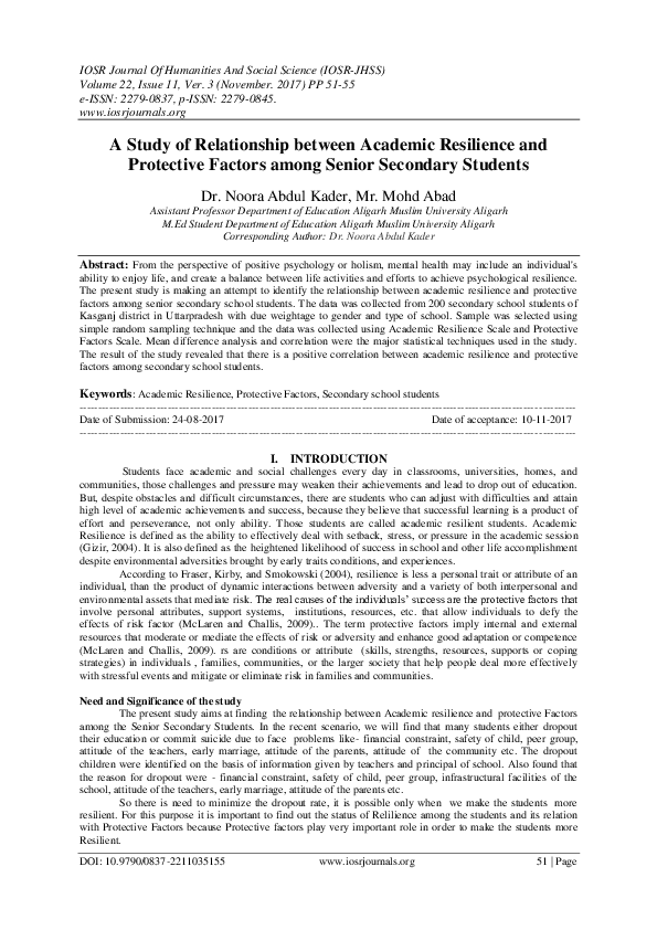 (PDF) A Study of Relationship between Academic Resilience and ...