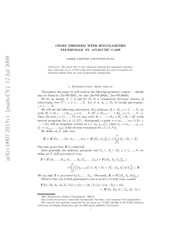 (PDF) Cross theorem with singularities - pluripolar vs. analytic case ...