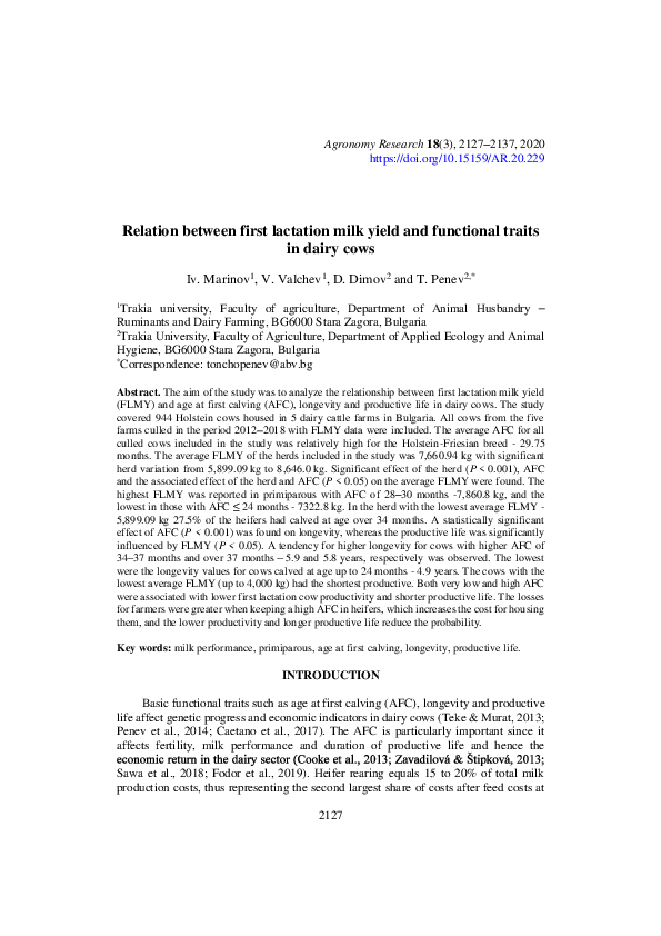 (PDF) Relation between first lactation milk yield and functional traits ...