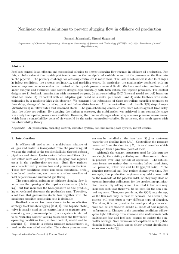 (PDF) Nonlinear control solutions to prevent slugging flow in offshore ...