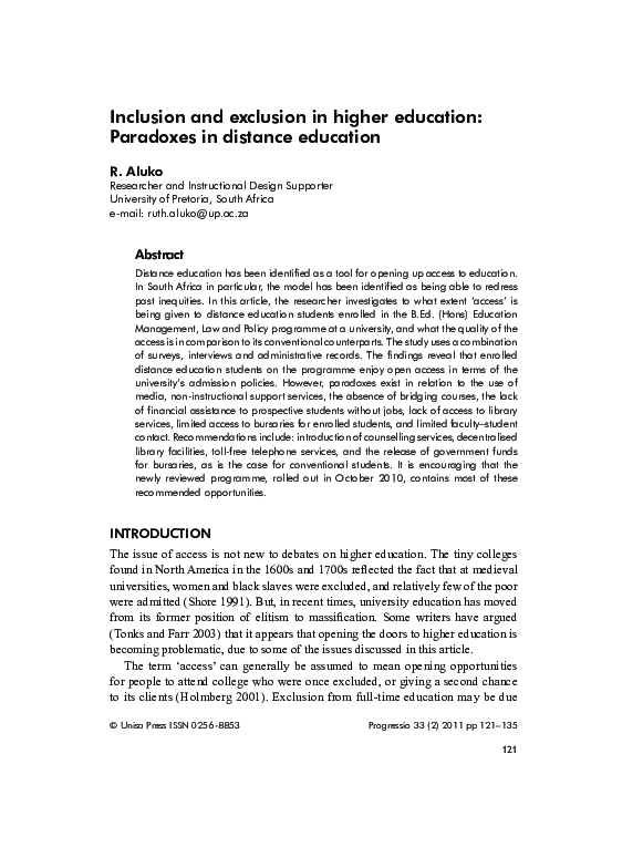 (PDF) Inclusion and exclusion in higher education: paradoxes in ...