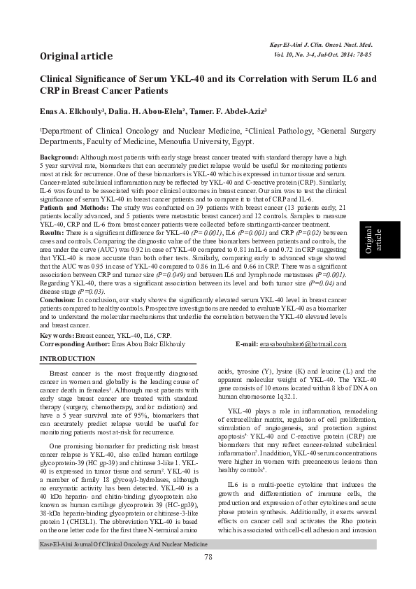(PDF) Serum YKL-40 as a Biomarker in Breast Cancer Patients