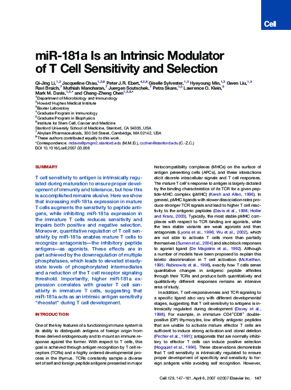 (PDF) miR-181a Is an Intrinsic Modulator of T Cell Sensitivity and ...