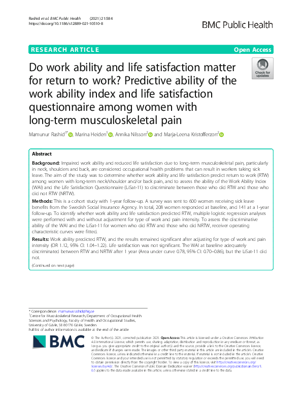 (PDF) Do work ability and life satisfaction matter for return to work ...