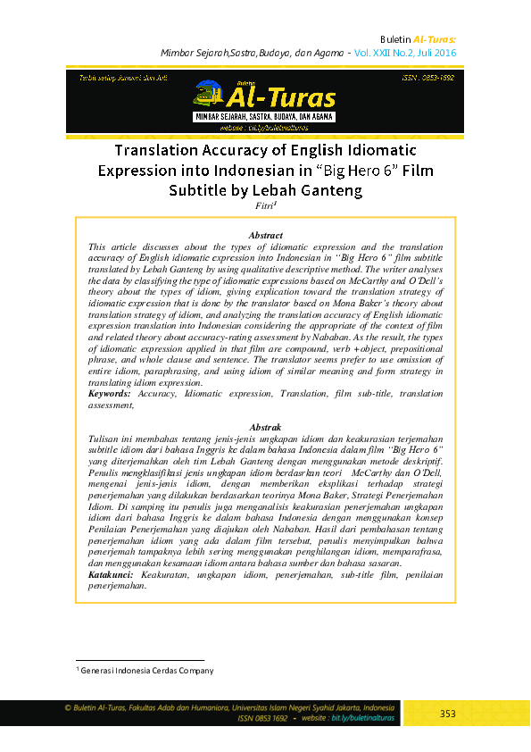 Pdf Translation Accuracy Of English Idiomatic Expression Into Indonesian In Big Hero 6 Film Subtitle By Lebah Ganteng Fitri Iskandar Academia Edu