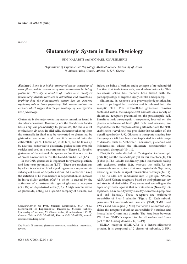 (PDF) Glutamatergic system in bone physiology