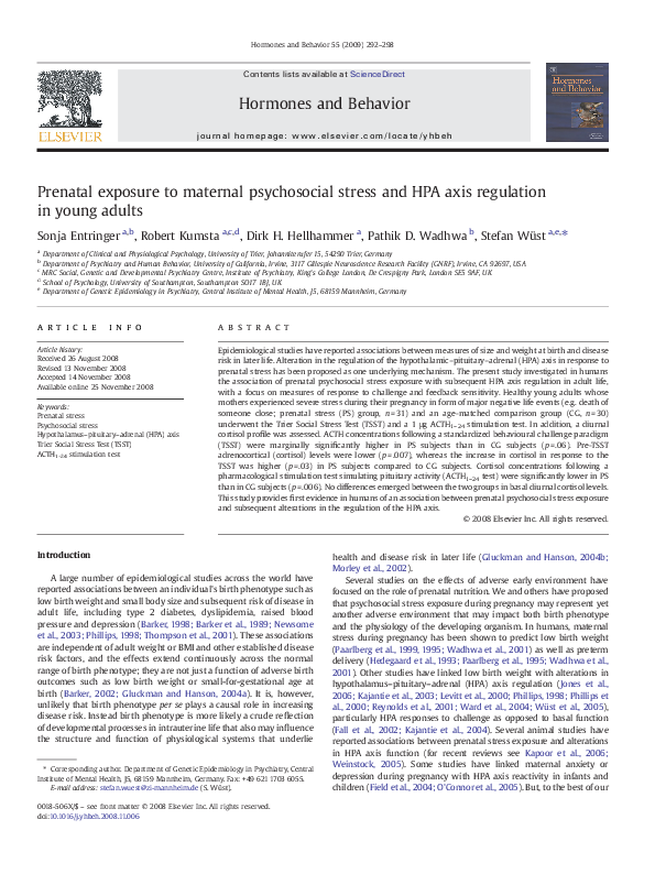 (PDF) Prenatal exposure to maternal psychosocial stress and HPA axis ...