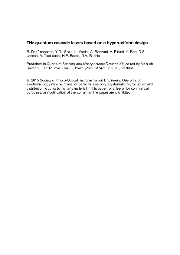 (PDF) THz quantum cascade lasers based on a hyperuniform design