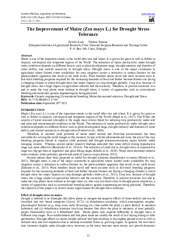 (PDF) The Improvement of Maize (Zea mays L.) for Drought Stress Tolerance