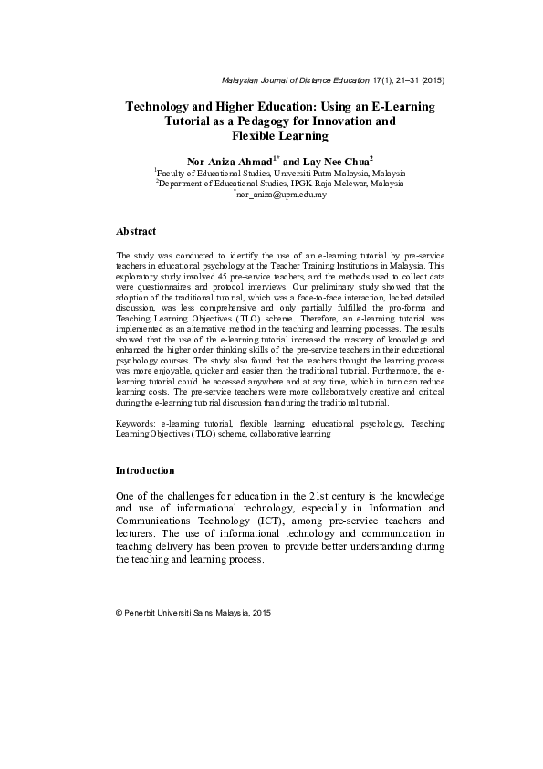 (PDF) Technology and higher education using elearning tutorial as a