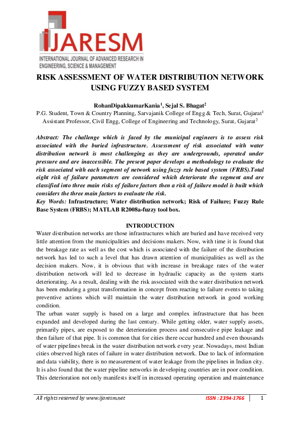 (PDF) Risk Assessment of Water Distribution Network Using Fuzzy Based ...