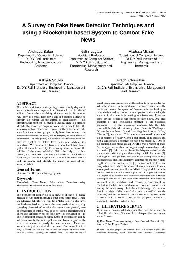 (PDF) A Survey on Fake News Detection Techniques and using a Blockchain ...