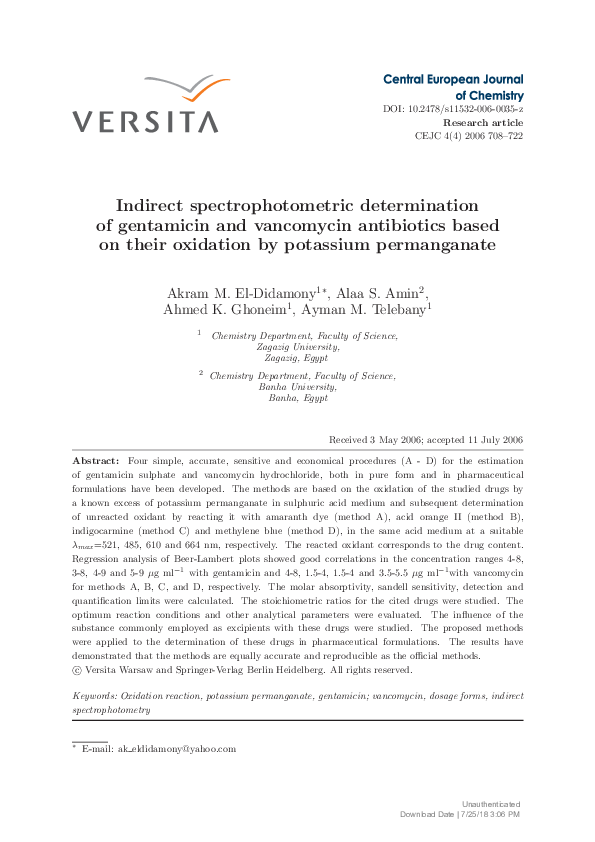 (PDF) Indirect spectrophotometric determination of gentamicin and ...