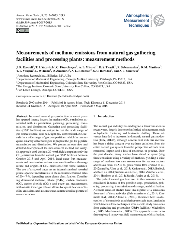 (PDF) Measurements of Methane Emissions from Natural Gas Gathering ...